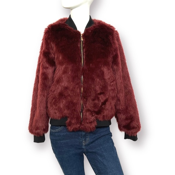 Say What? Women Burgundy Faux Fur Bomber Jacket with Black Rib Knit. NWOT. - Picture 3 of 4